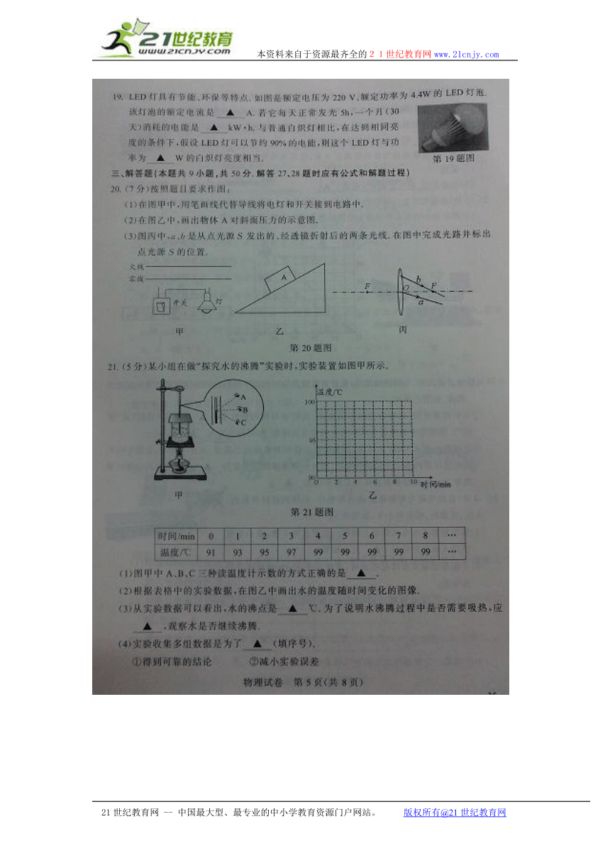 2014年江苏南京市中考物理试题（扫描版、含答案）