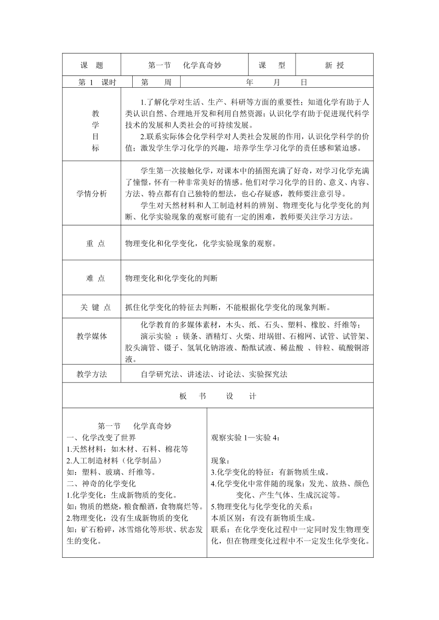 鲁教版初中化学九年级上册 化学真奇妙教案