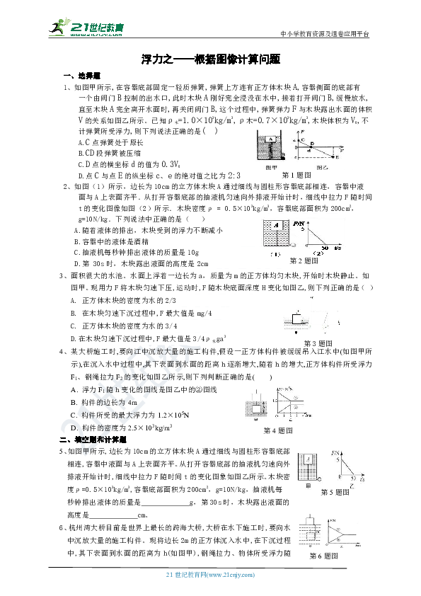 八上易错题整理1：浮力之——根据图像计算问题