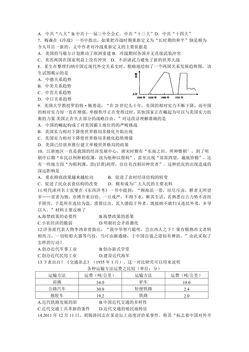 山东省烟台市2013届高三上学期期末考试历史试题