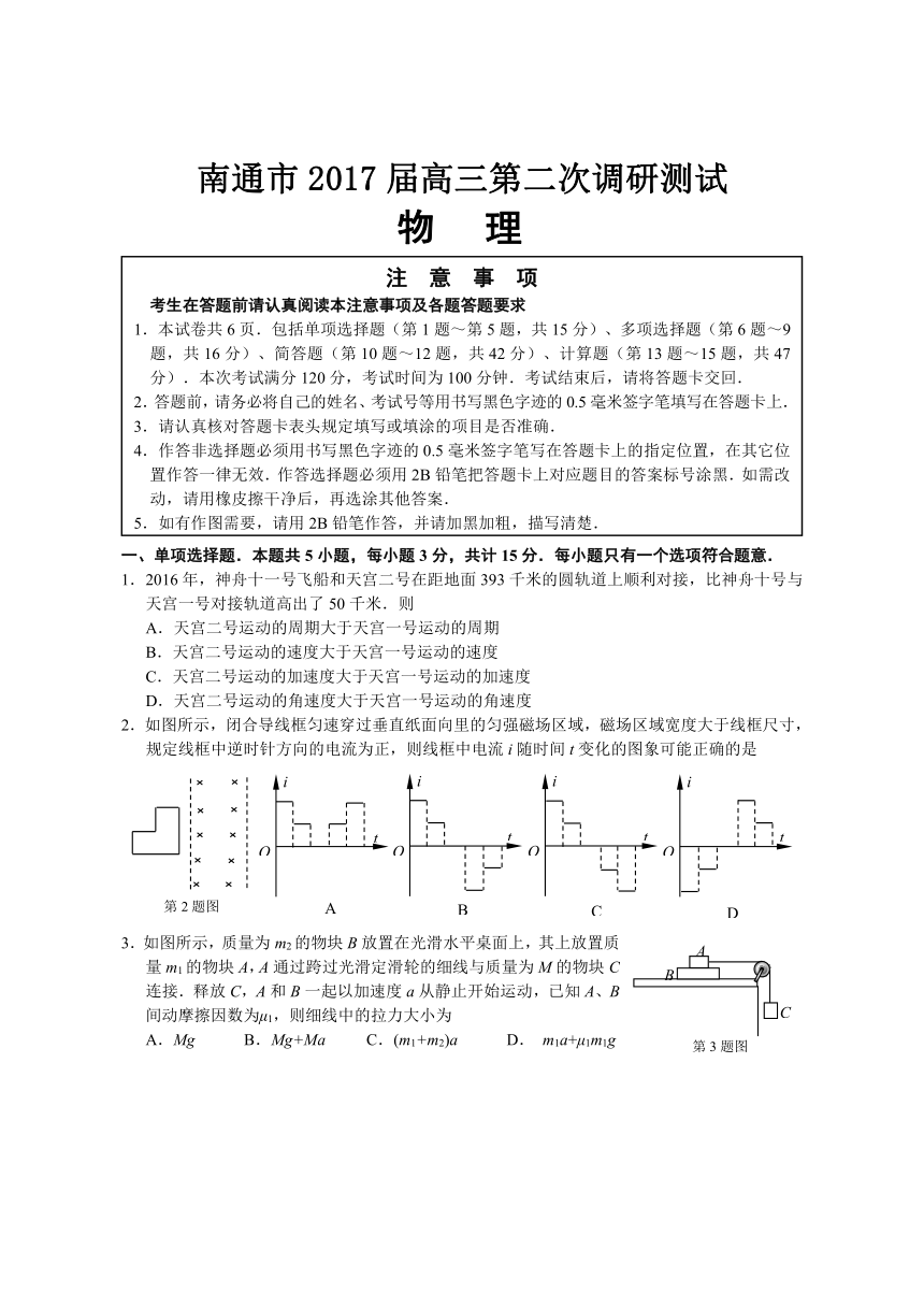 江苏省南通市2017届高三物理第二次调研测试卷