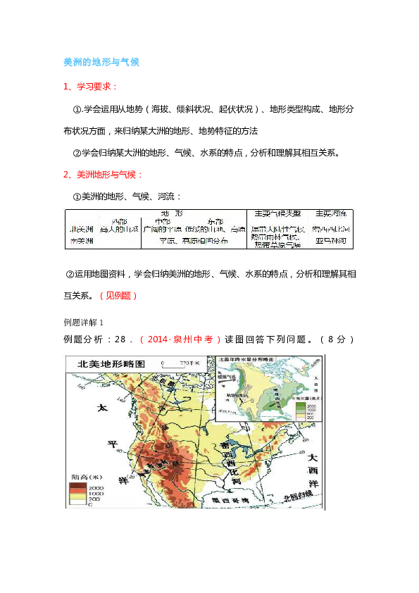 湘教版七年级地理下第6章第3节 美洲的地形与气候知识