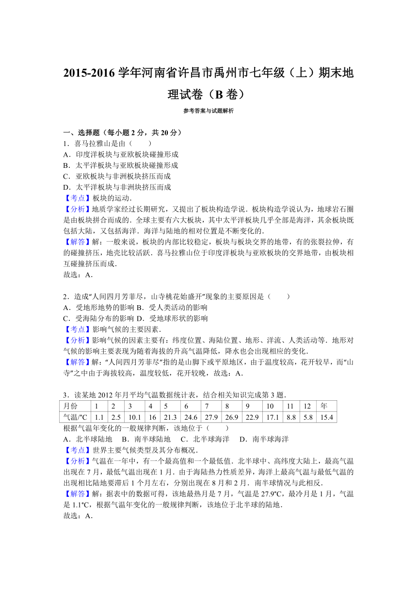 河南省许昌市禹州市2015-2016学年七年级（上）期末地理试卷（b卷）（解析版）