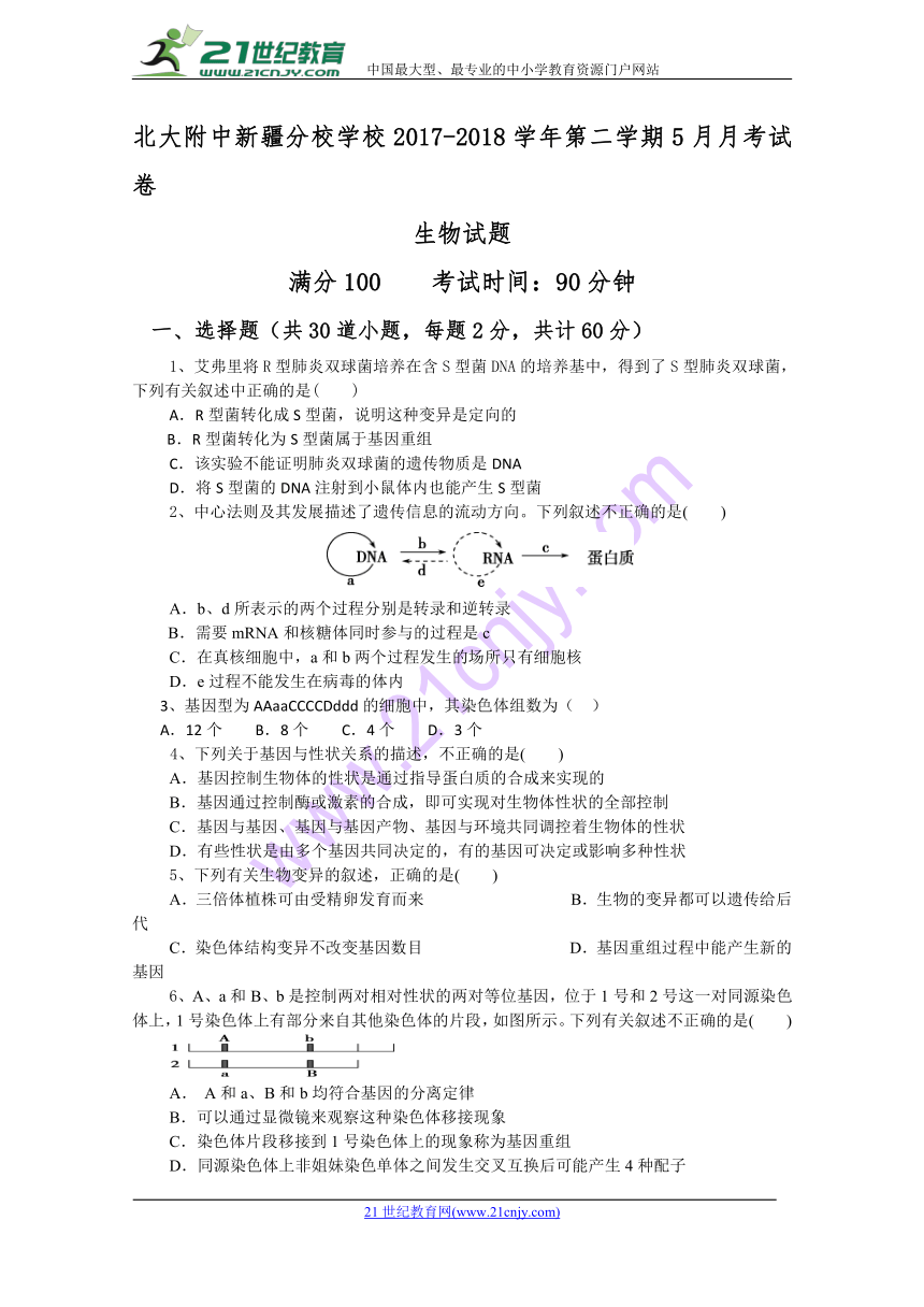 西藏自治区北京大学附属中学新疆分校2017-2018学年高二5月月考生物试题