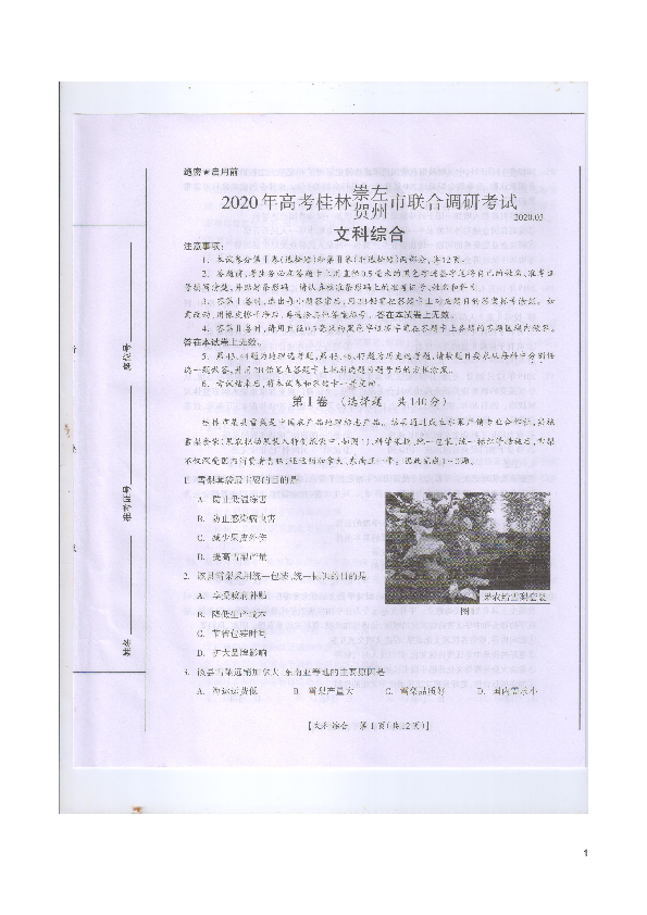 广西桂林、崇左、贺州市2020届高三下学期第二次联合调研考试文综试题 扫描版