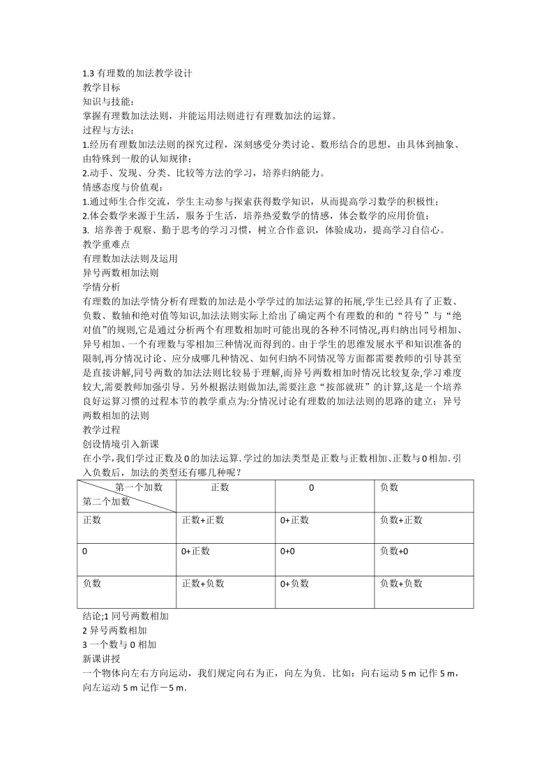 人教版七年级上册1.3有理数的加法教学设计