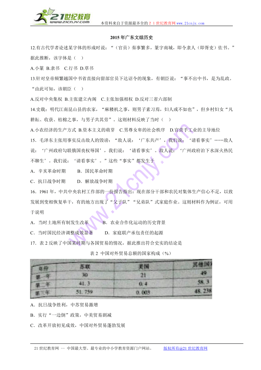 广东文综（历史部分）文档版（无答案）-2015年普通高等学校招生统一考试
