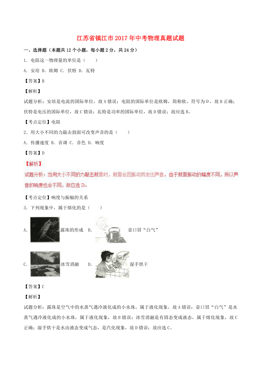 江苏省镇江市2017年中考物理真题试题（含解析1）