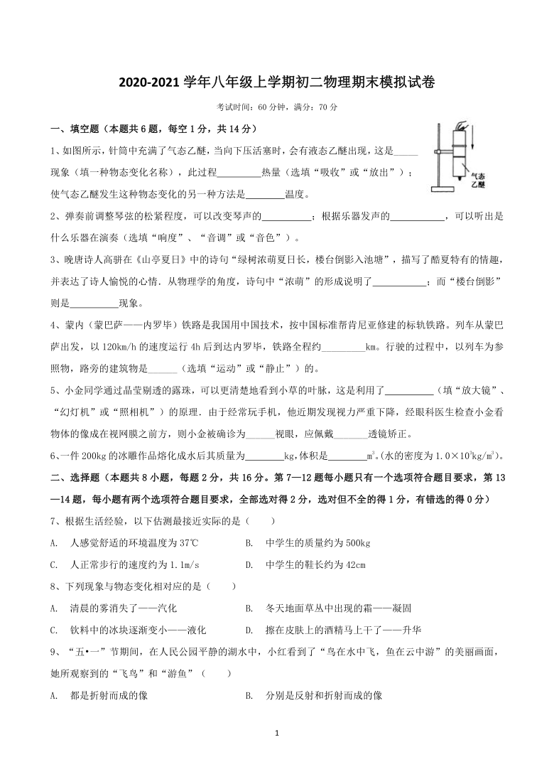 2020-2021学年八年级上学期河南省新乡市八年级物理期末模拟试卷及参考答案