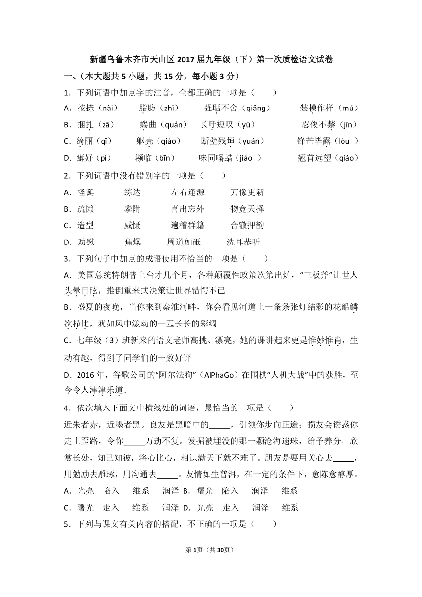 新疆乌鲁木齐市天山区2017届九年级下第一次质检语文试卷(解析版）