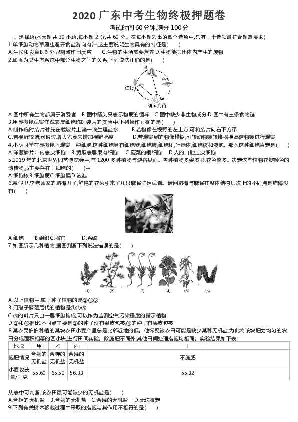 2020广东中考生物终极押题卷（word版 含答案）