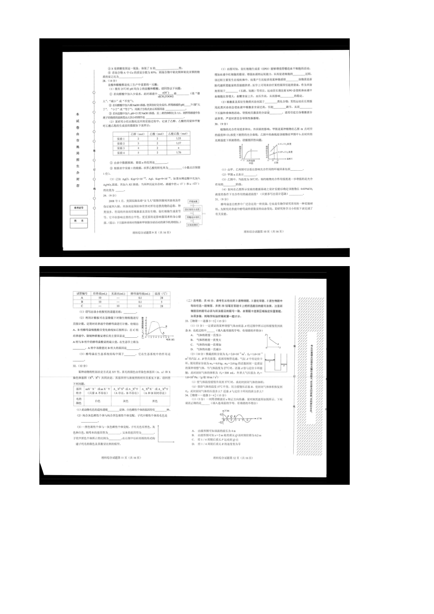 黑龙江省2010年高考适应性训练考试（理综扫描版）