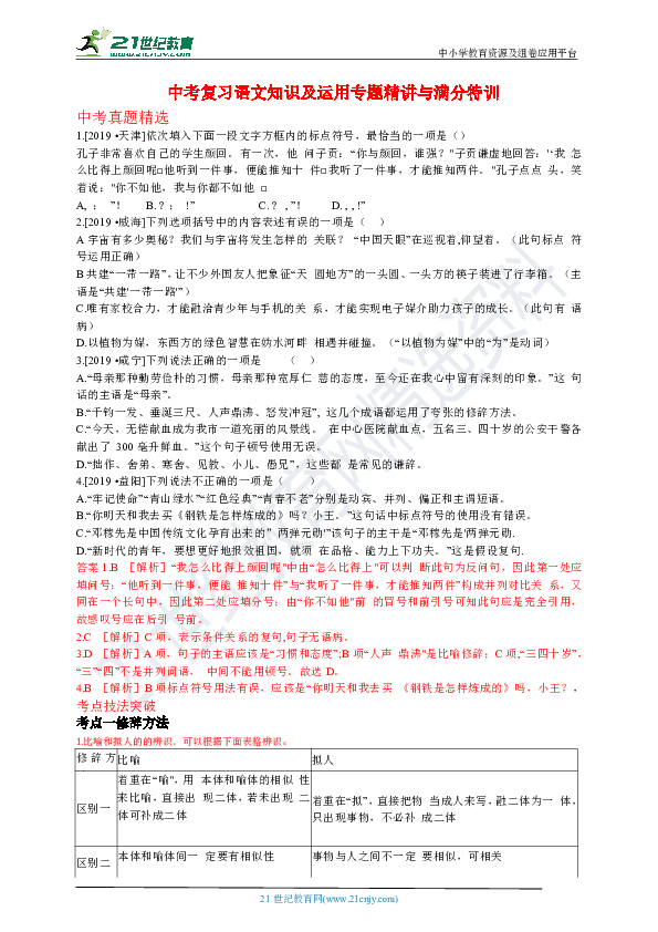 中考复习语文知识及运用专题精讲与满分特训