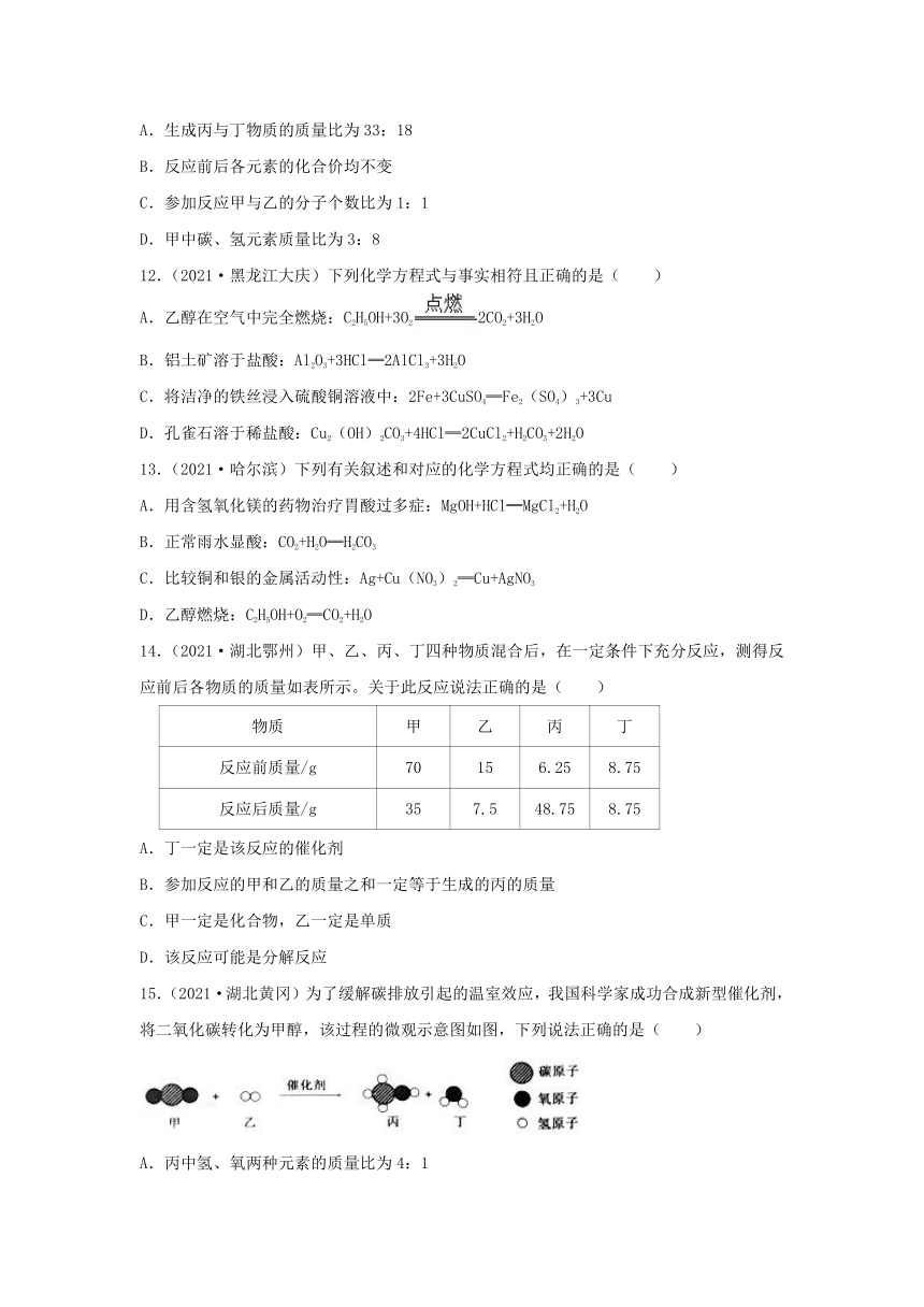 2021年中考化学试题分类汇编：考点19   质量守恒定律和化学方程式（word版 含解析）