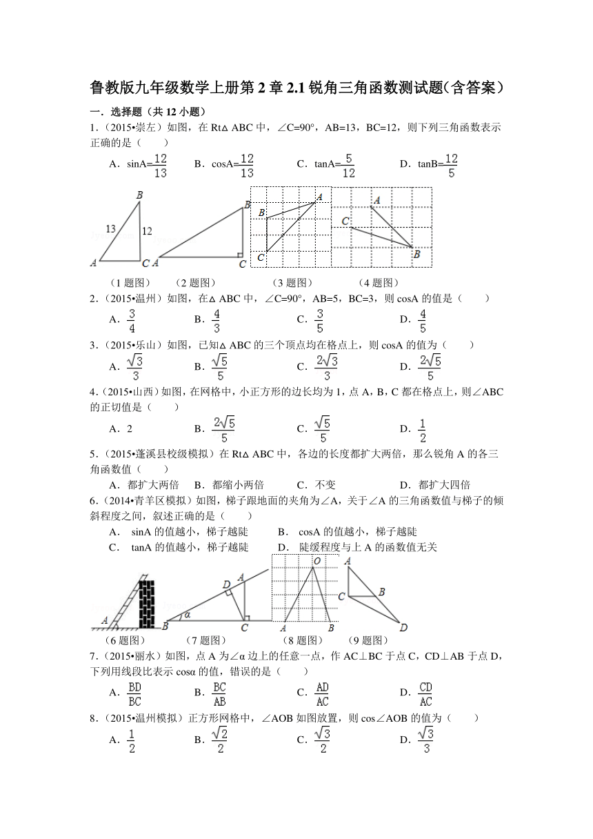 鲁教版九年级数学上册第2章2.1锐角三角函数测试题（含答案）