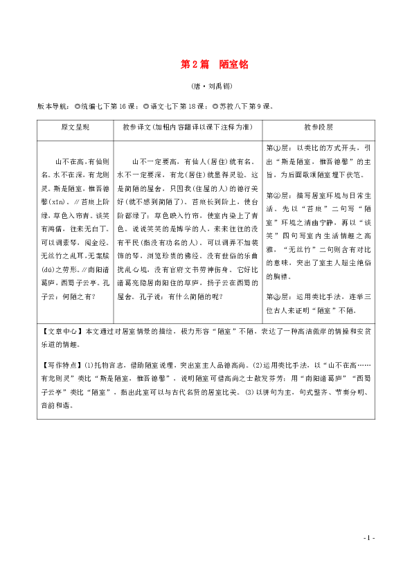 2019年中考语文专题复习精炼课内文言文阅读第2篇陋室铭