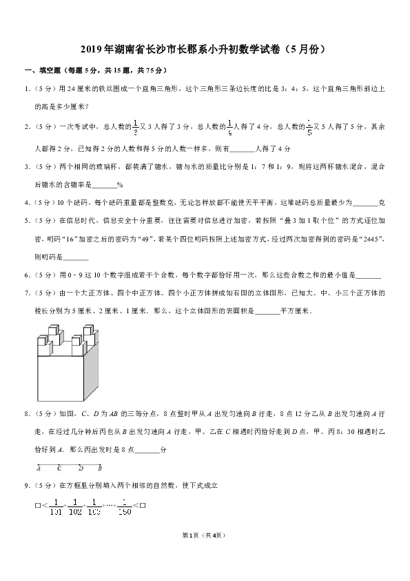 2019年湖南省长沙市长郡系小升初数学试卷（5月份）（含答案）