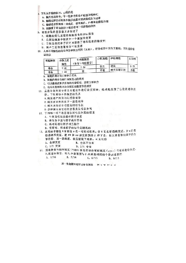 广东省化州市2018-2019学年高一下学期期末考试生物试题 扫描版含答案