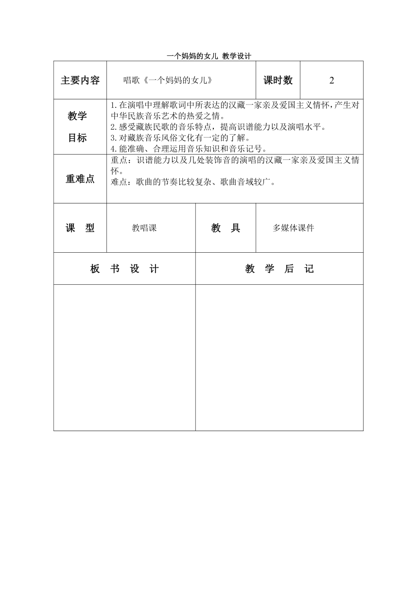 一个妈妈的女儿 教学设计（表格式）