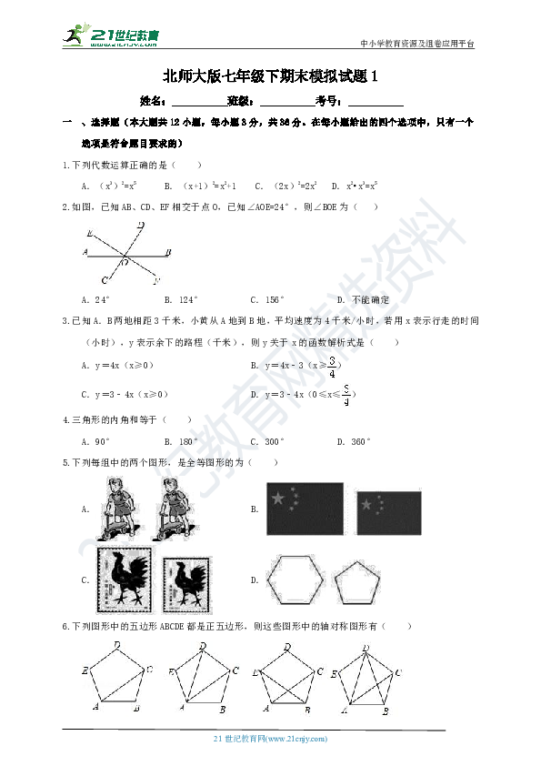 北师大版2019-2020学年度下学期七年级数学期末检测模拟卷1（含解析）