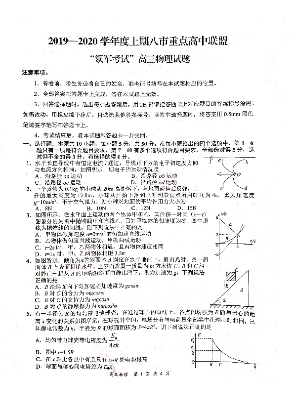 河南省八市重点高中联盟2020届高三12月联考（领军考试）物理试题（PDF版含解析）