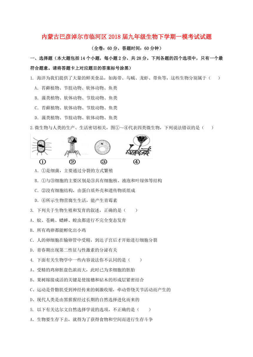 内蒙古巴彦淖尔市临河区2018届九年级生物下学期一模考试试题（无答案）