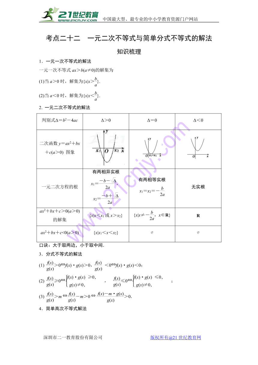 2018届高考艺体生文化课复习讲义（理数）：考点22 一元二次不等式与简单的分式不等式的解法