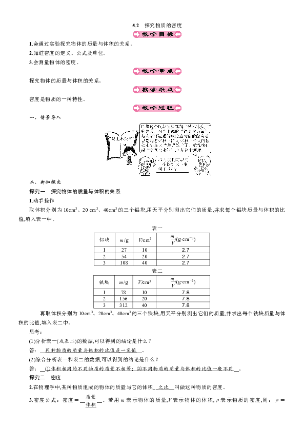 5.2 探究物质的密度 教案