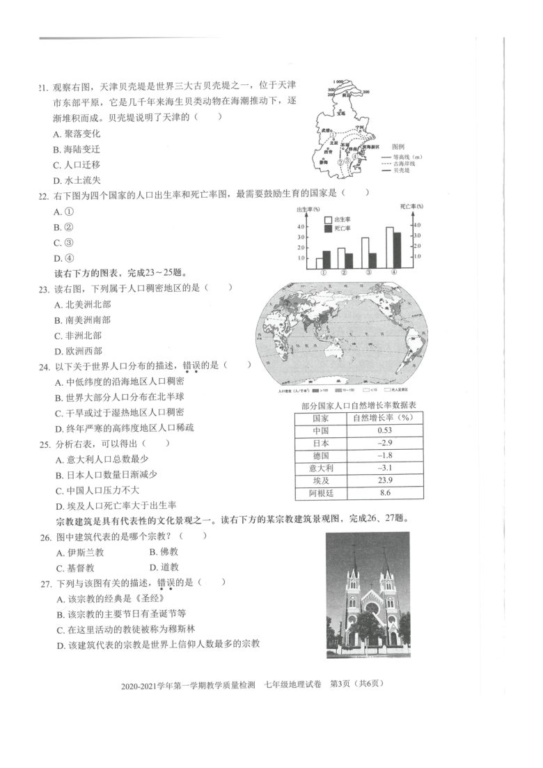 广东省深圳市福田区2020-2021学年第一学期七年级地理期末试题（扫描版，无答案）