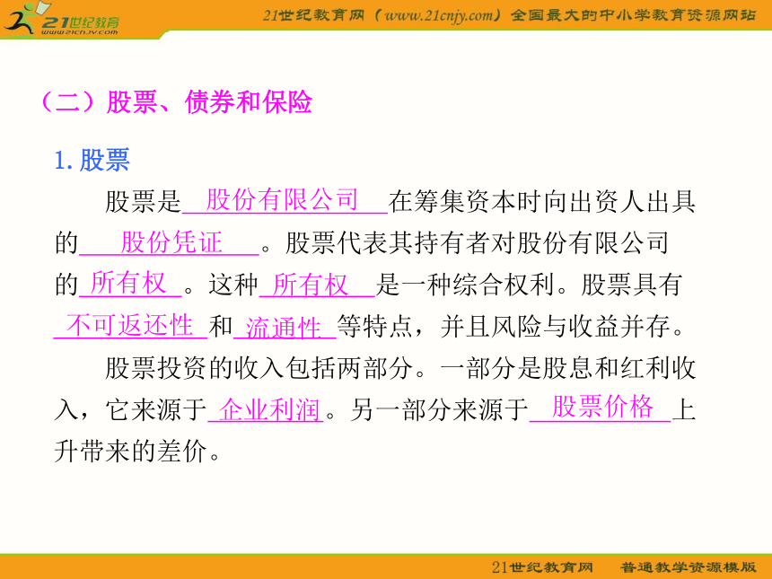 湖南益阳市一中2011届一轮复习课件（6）投资理财的选择