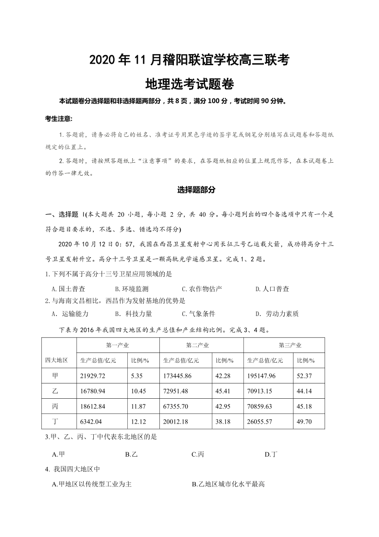 浙江省绍兴市稽阳联谊学校2021届高三上学期11月联考地理试题 Word版含答案解析