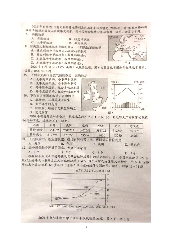 湖南省邵阳市2020年中考地理试题（图片版，无答案）