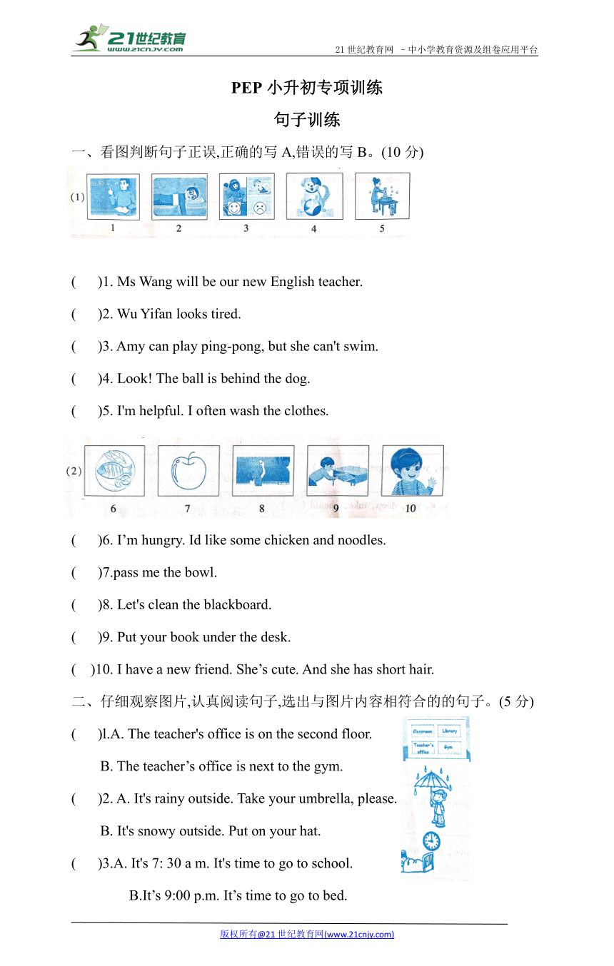 pep六年级下册英语小升初专项训练（5）句子（含答案）