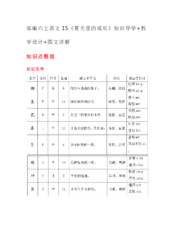 部编六上语文15《夏天里的成长》知识导学+教学设计+图文详解 （word版，共39页）