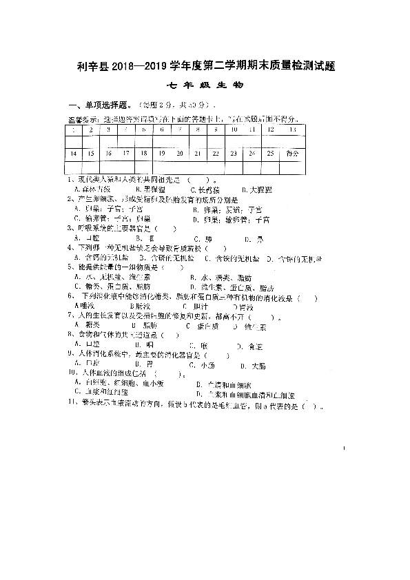 安徽省亳州市利辛县2018--2019学年第二学期七年级生物期末质量检测试题（扫描版含word答案）