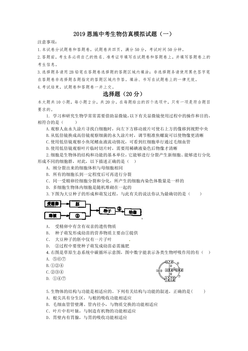 2019恩施中考生物仿真模拟试题1