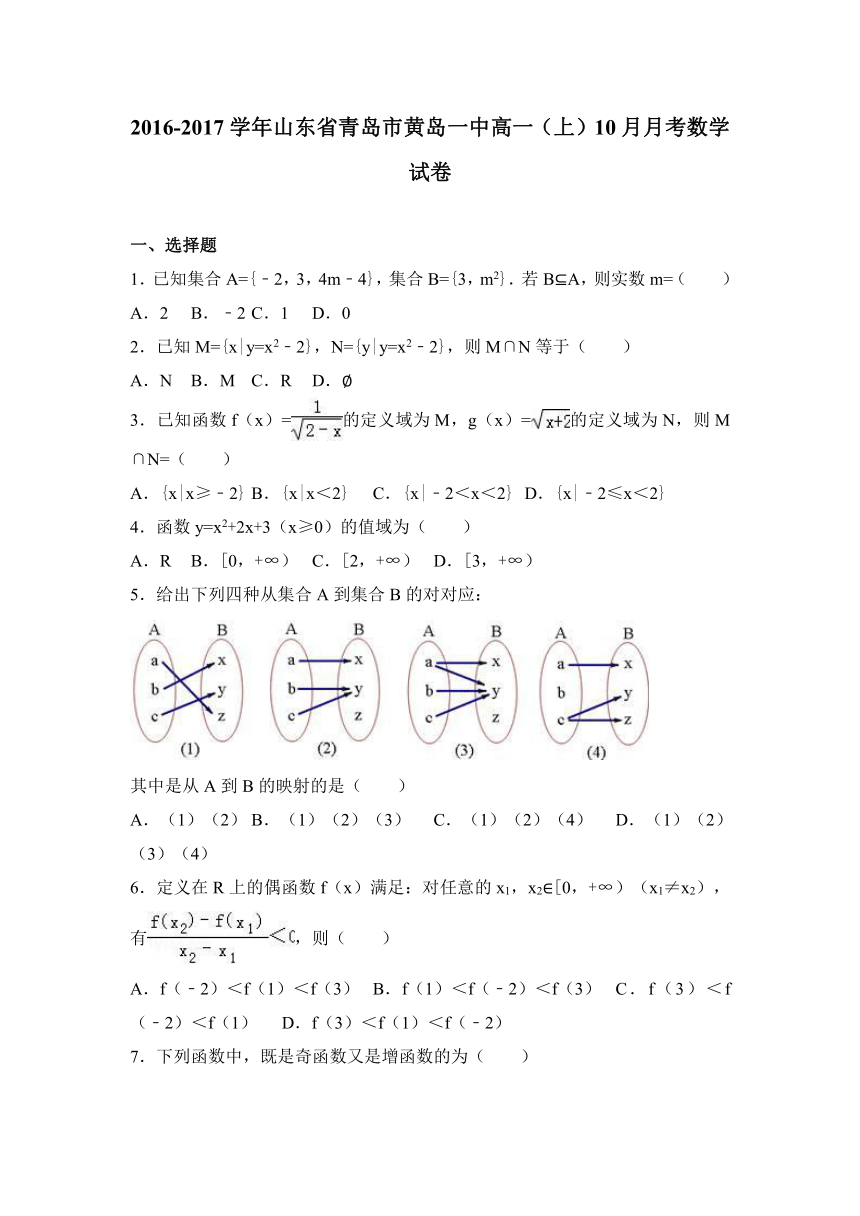 山东省青岛市黄岛一中2016-2017学年高一（上）10月月考数学试卷（解析版）