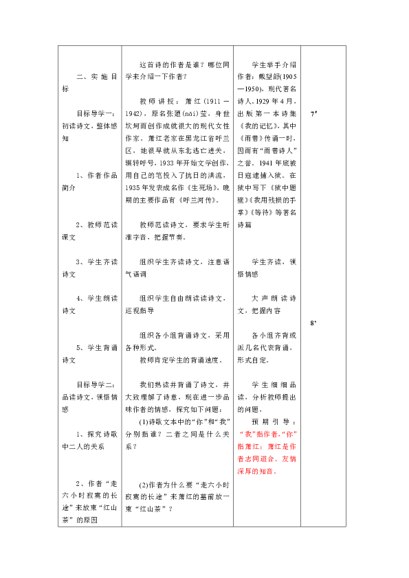 人教版九年级语文 下册 第一单元 3 短诗五首—萧红墓畔口占 教案（表格式）