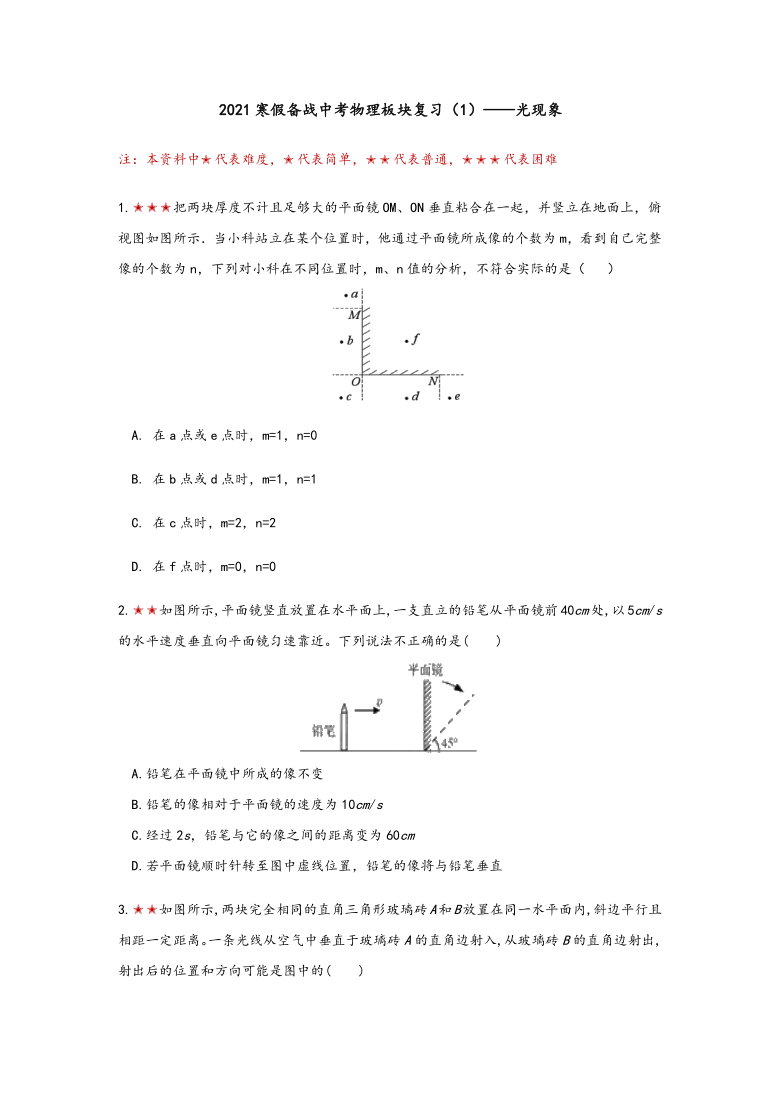 2021寒假备战中考物理板块复习（1）——光现象（无答案）