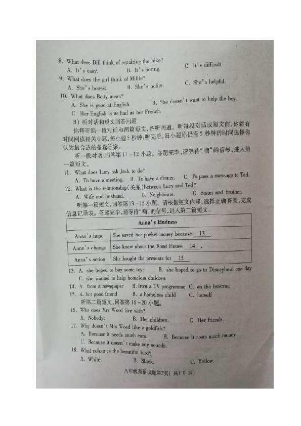 江苏省徐州市铜山区2018-2019学年八年级下学期期末抽测英语试题（图片版，无答案）