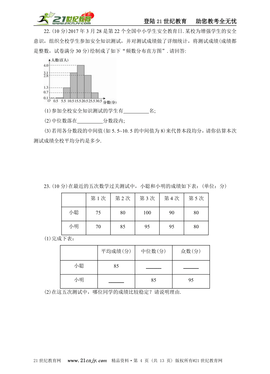 第16周第二十章数据的分析单元测试