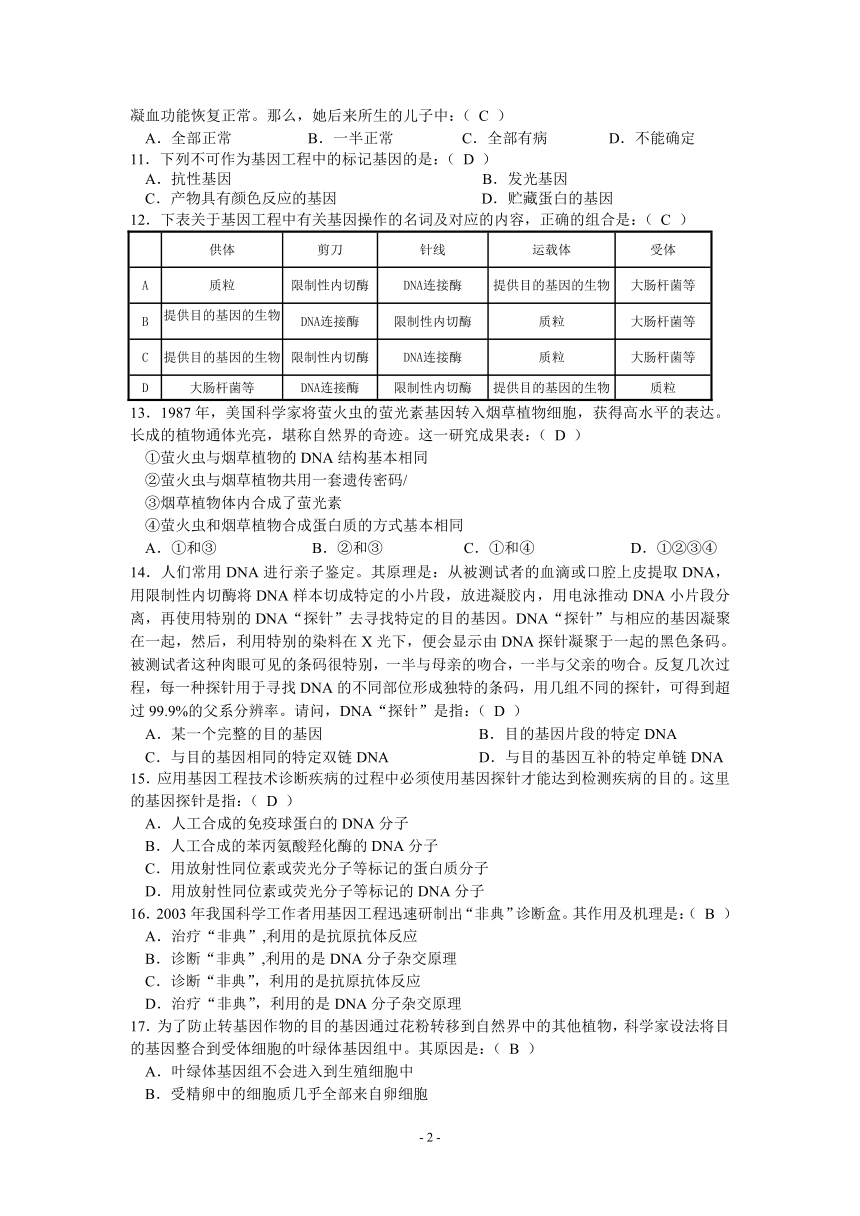 高中生物选修3第一章基因工程习题[下学期]