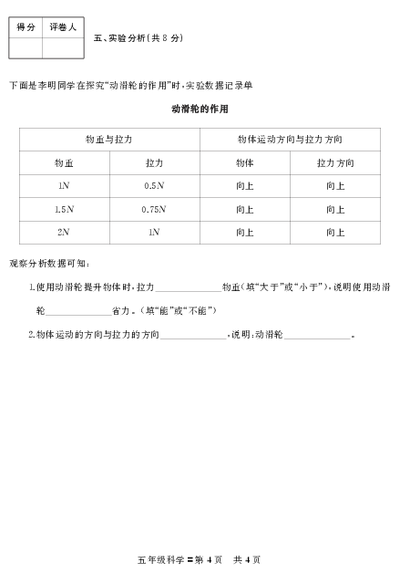 山西省临汾市翼城县科学五年级2019-2020学年第二学期期末学业水平测试（苏教版，无答案，PDF版）