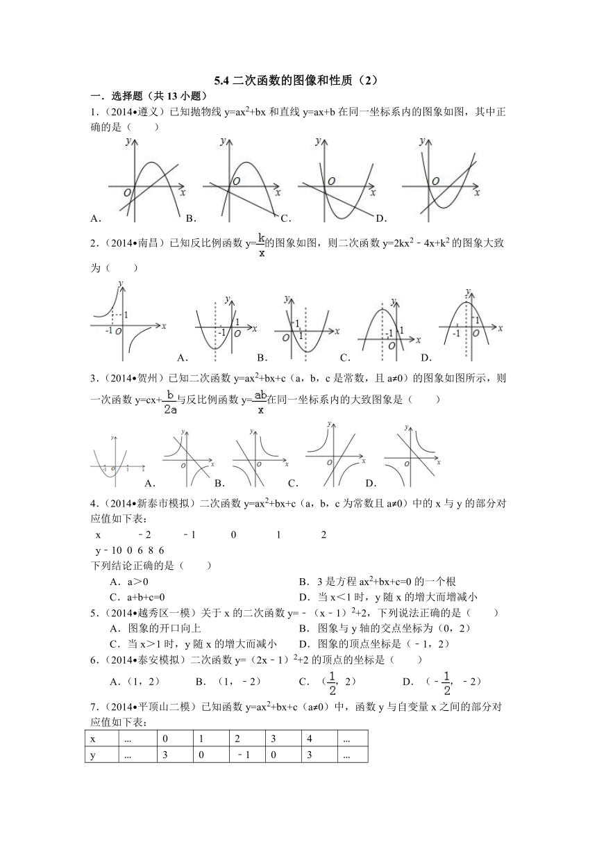 青岛版九年级数学下册5.4二次函数的图像和性质（2）（含答案）