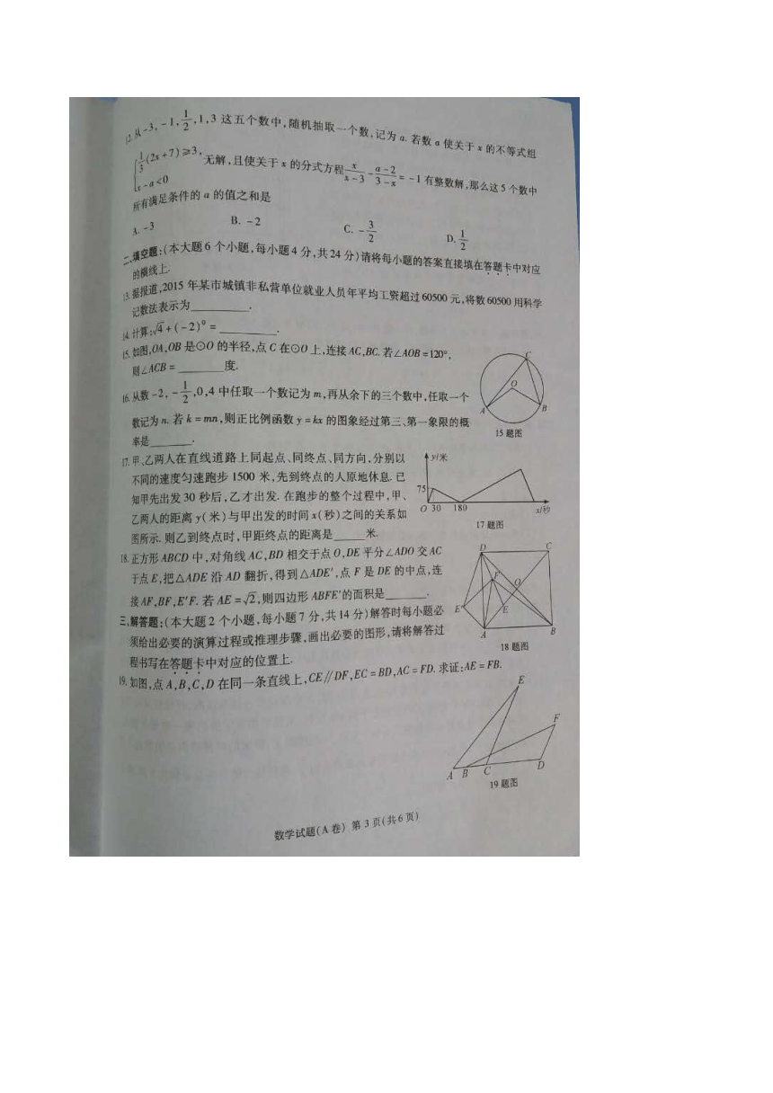 重庆市2016年中考数学试题(A卷)扫描版（无答案）