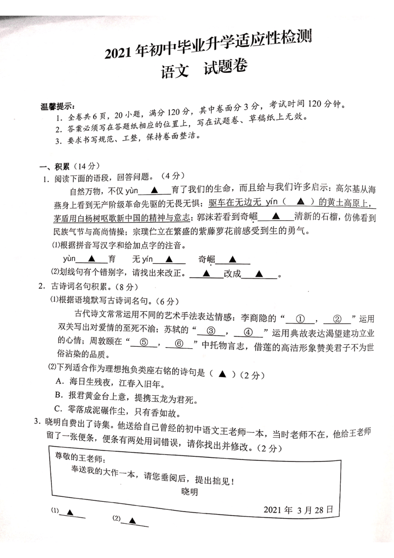 浙江省丽水市2021年中考适应性检测语文试题（扫描版，含答案）