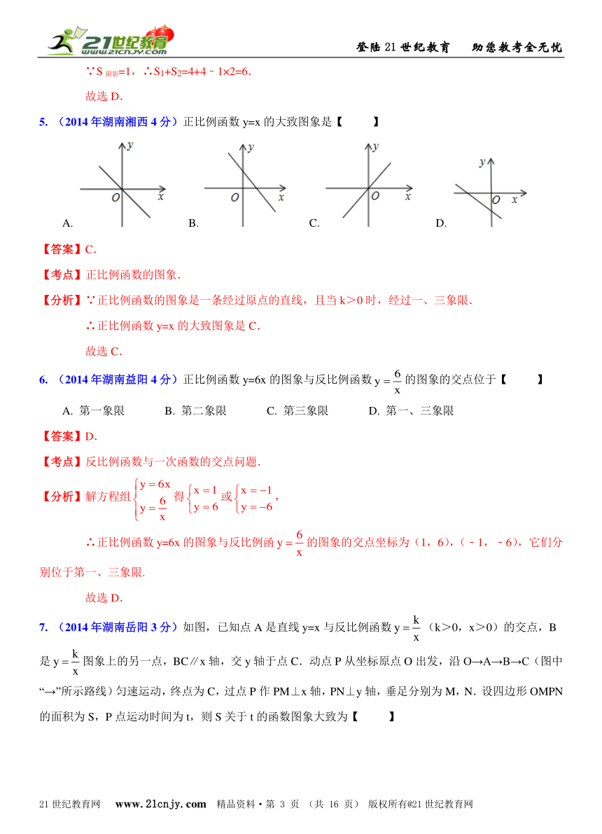 湖南省14市州2014年中考数学试题分类解析汇编（16专题）专题4：函数之一次函数和反比例函数问题