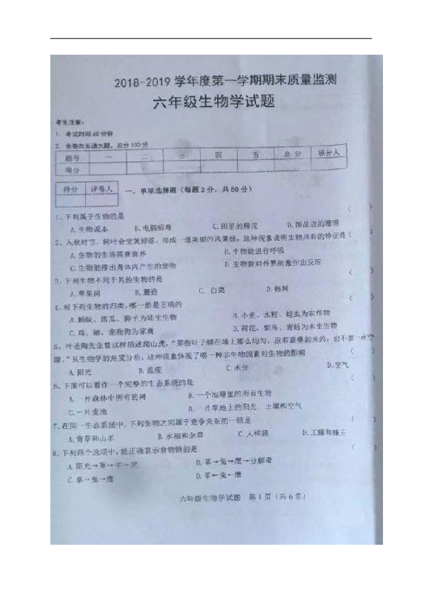 黑龙江省鸡东县2018-2019学年六年级上学期期末考试生物试题（图片版，含答案）