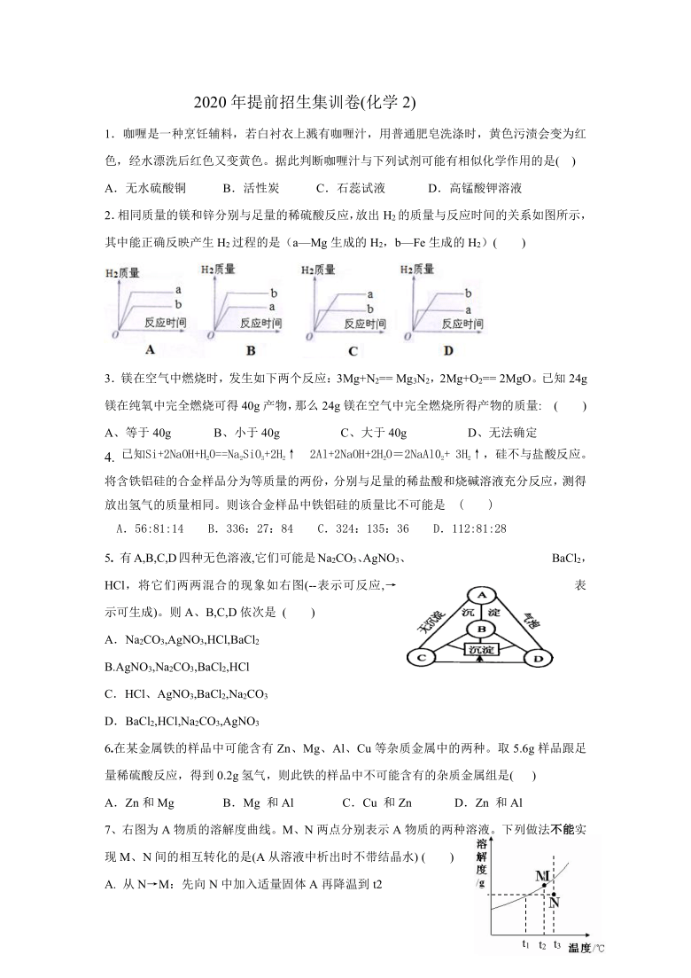 2020年浙教版初中科学九年级实验班提前招生集训卷—(化学2)（含答案）