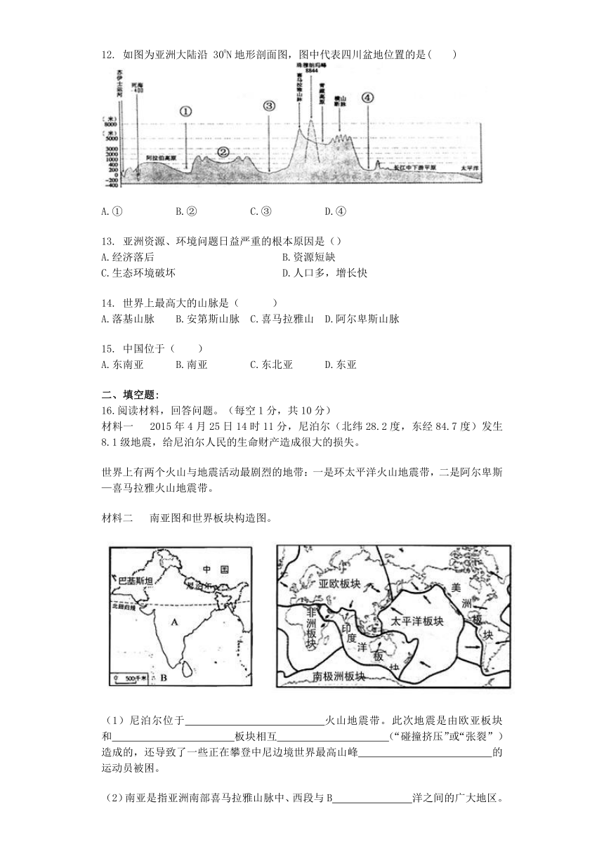 人教版初中地理七年级下册第六章《我们生活的大洲--亚洲》单元测试题（含答案和解析）